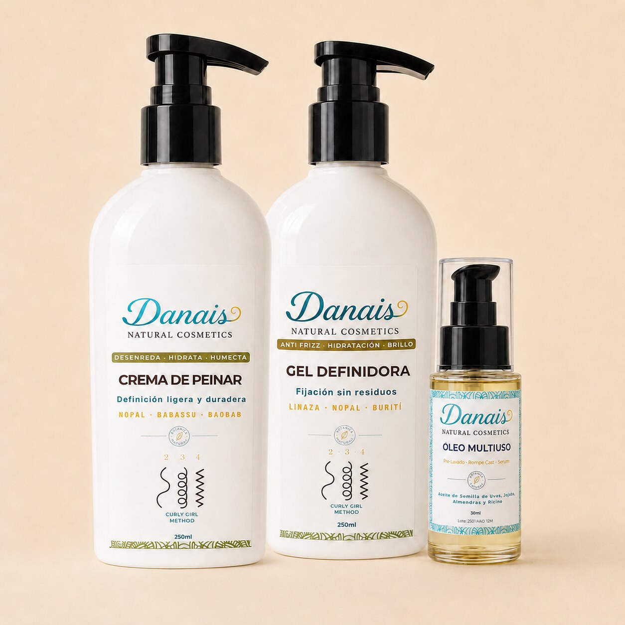 Kit de Definición de Rizos Danais con crema, gel y óleo multiuso