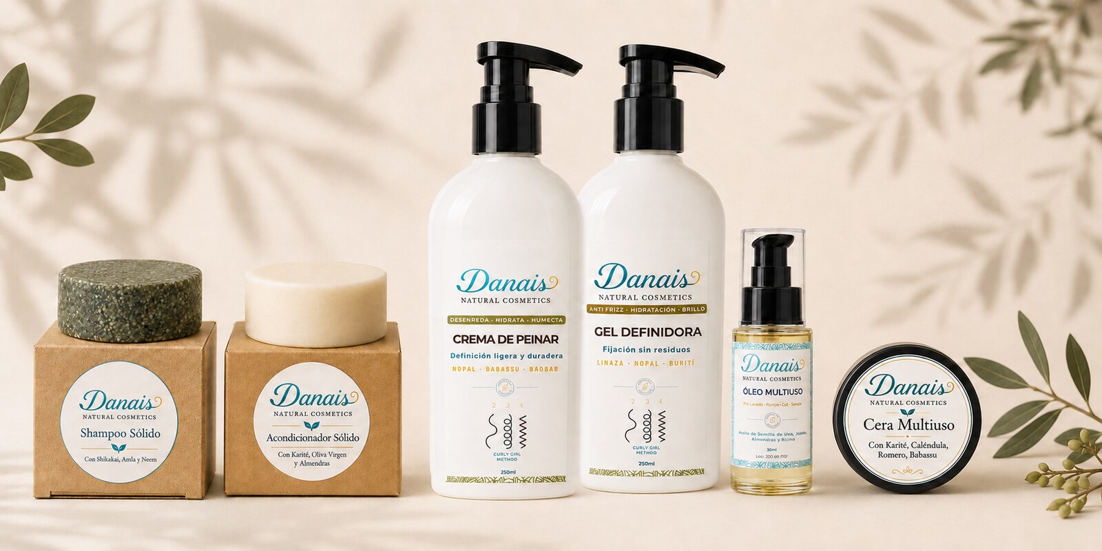 Línea completa de productos Danais Natural Cosmetics con champú, acondicionador, crema, gel, óleo y coloración vegetal